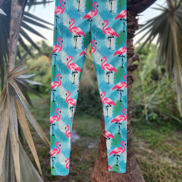 Flamingo Vibrant Blue & Pink Tropical Yoga Leggings- S - Picture 2 of 3